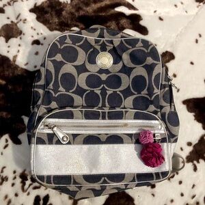 2000s Y2K Coach Signature Monogram Denim SIS Backpack Book Bag Blue Pink Lining